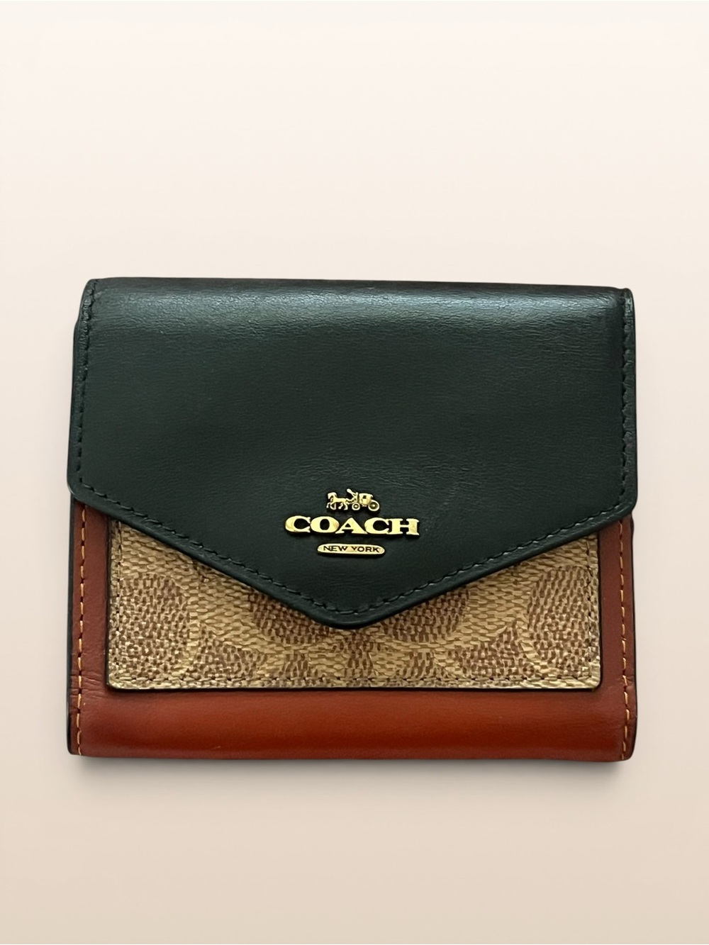 Coach Small Trifold Wallet Colorblock in Black, Brown & Signature Canvas